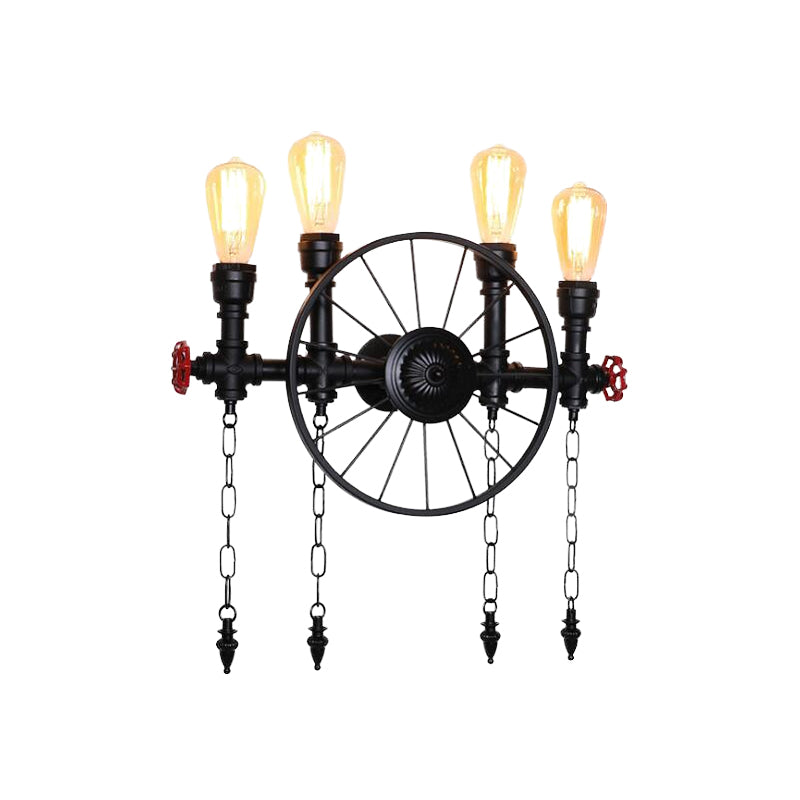 Wheel Metal Wall Lighting Fixture Farmhouse 4-Light Corridor Wall Mount Sconce in Black with Chain Clearhalo 'Art deco wall lights' 'Cast Iron' 'Glass' 'Industrial wall lights' 'Industrial' 'Middle century wall lights' 'Modern' 'Rustic wall lights' 'Tiffany' 'Traditional wall lights' 'Wall Lamps & Sconces' 'Wall Lights' Lighting' 510848