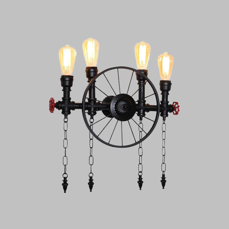 Wheel Metal Wall Lighting Fixture Farmhouse 4-Light Corridor Wall Mount Sconce in Black with Chain Clearhalo 'Art deco wall lights' 'Cast Iron' 'Glass' 'Industrial wall lights' 'Industrial' 'Middle century wall lights' 'Modern' 'Rustic wall lights' 'Tiffany' 'Traditional wall lights' 'Wall Lamps & Sconces' 'Wall Lights' Lighting' 510849