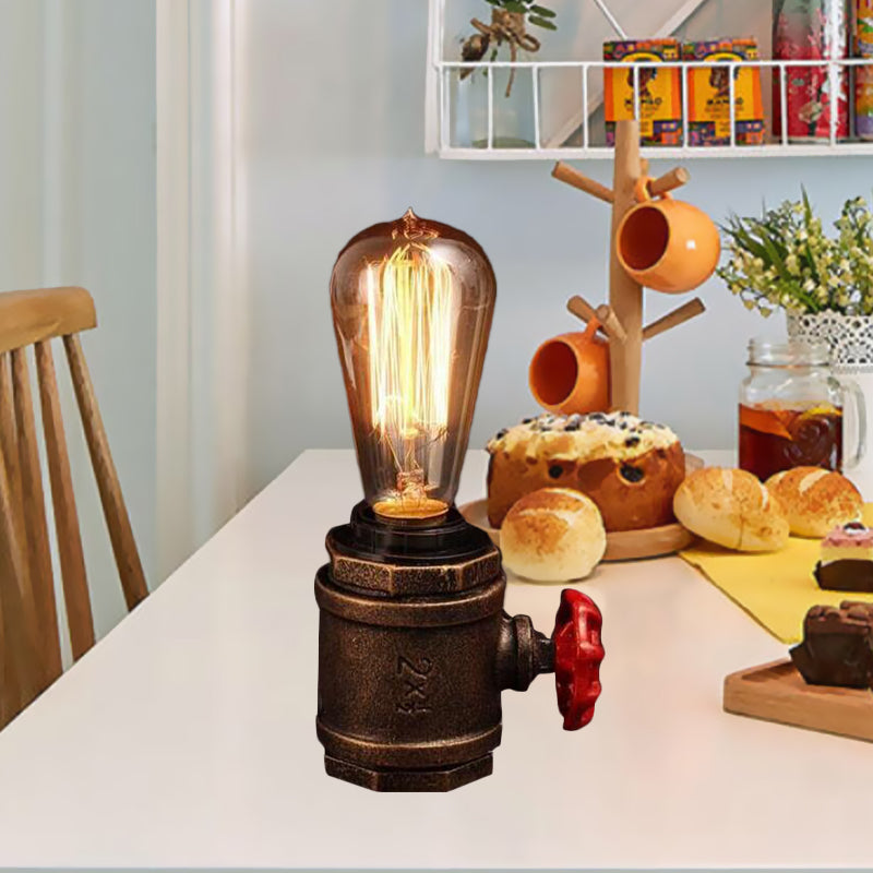 1 Head Metal Night Table Light Industrial Rust Finish Bare Bulb Bedroom Task Lamp with Valve Deco Clearhalo 'Lamps' 'Table Lamps' Lighting' 510875