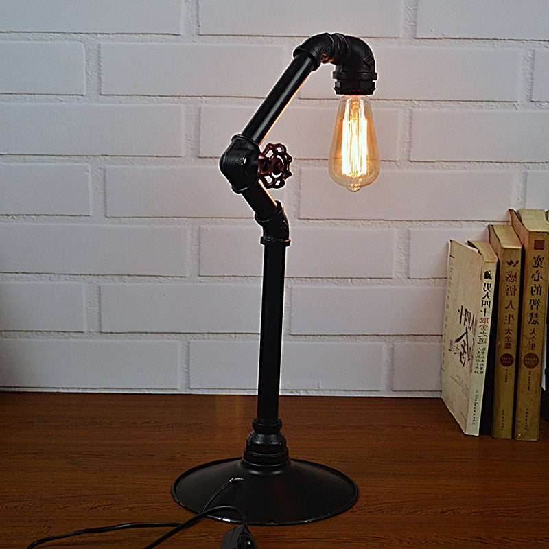 Industrial Arched Pipe Table Lighting 1-Head Metallic Plug-In Night Lamp in Black with Round Base Clearhalo 'Lamps' 'Table Lamps' Lighting' 510884