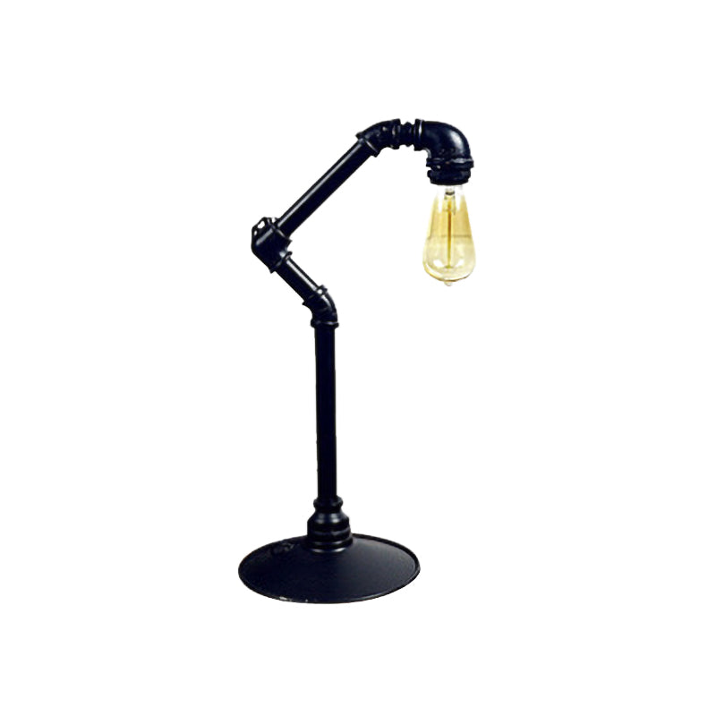 Industrial Arched Pipe Table Lighting 1-Head Metallic Plug-In Night Lamp in Black with Round Base Clearhalo 'Lamps' 'Table Lamps' Lighting' 510885