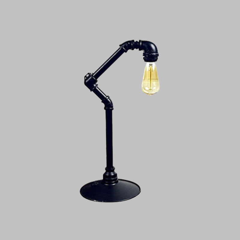 Industrial Arched Pipe Table Lighting 1-Head Metallic Plug-In Night Lamp in Black with Round Base Clearhalo 'Lamps' 'Table Lamps' Lighting' 510886