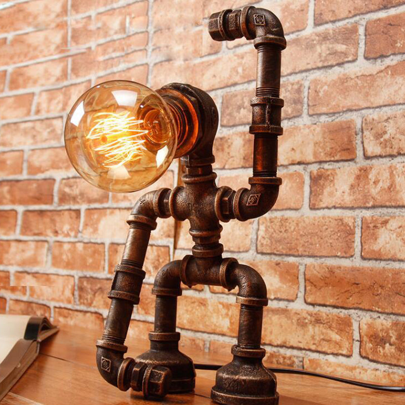 Iron Rust Finish Table Light Hand-Raising Robot 1-Light Farmhouse Nightstand Lamp Clearhalo 'Lamps' 'Table Lamps' Lighting' 510889