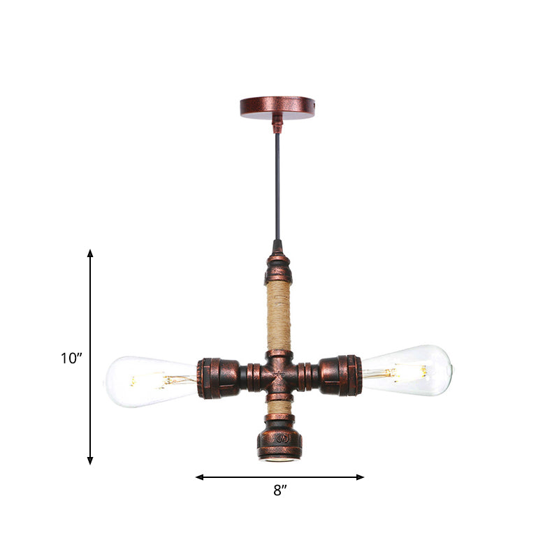 2/3 Heads Pendant Chandelier Vintage Water Pipe Metallic Hanging Ceiling Light in Rust, 8"/9"/10" Width Clearhalo 'Cast Iron' 'Ceiling Lights' 'Chandeliers' 'Industrial Chandeliers' 'Industrial' 'Metal' 'Middle Century Chandeliers' 'Rustic Chandeliers' 'Tiffany' Lighting' 510988