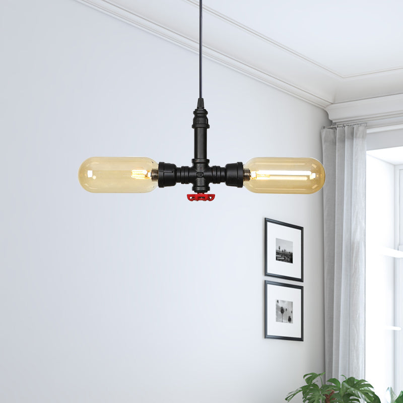 Amber Glass Black Suspension Light Pill Capsule 2-Light Industrial LED Chandelier Pendant Lamp Black B Clearhalo 'Cast Iron' 'Ceiling Lights' 'Chandeliers' 'Industrial Chandeliers' 'Industrial' 'Metal' 'Middle Century Chandeliers' 'Rustic Chandeliers' 'Tiffany' Lighting' 511009