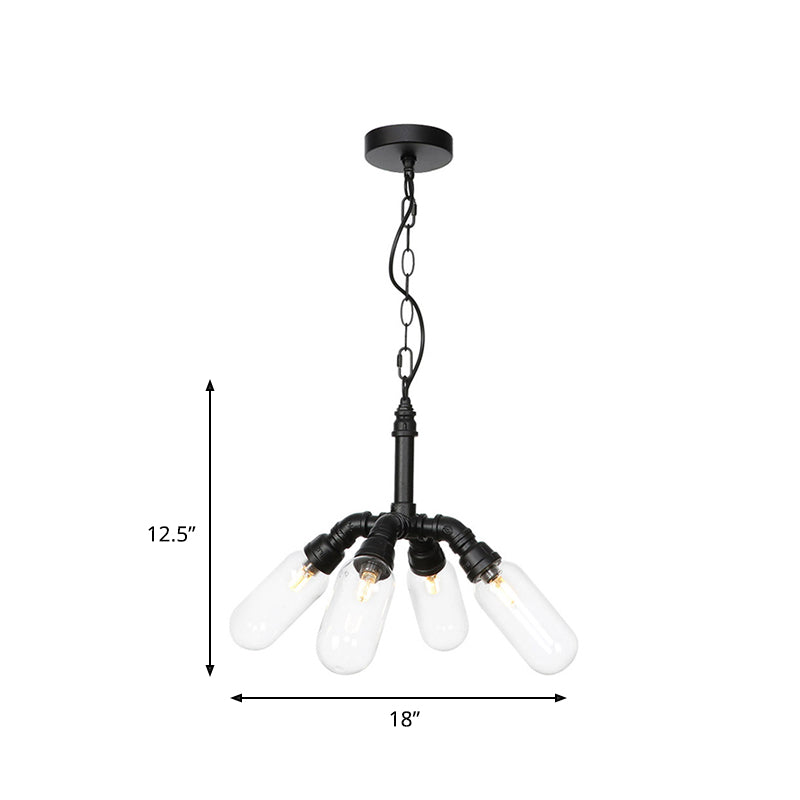 Vintage Water Pipe Chandelier Pendant Light 2/3/4-Light Iron LED Hanging Ceiling Lamp in Black with Capsule Clear Glass Shade Clearhalo 'Cast Iron' 'Ceiling Lights' 'Chandeliers' 'Industrial Chandeliers' 'Industrial' 'Metal' 'Middle Century Chandeliers' 'Rustic Chandeliers' 'Tiffany' Lighting' 511063