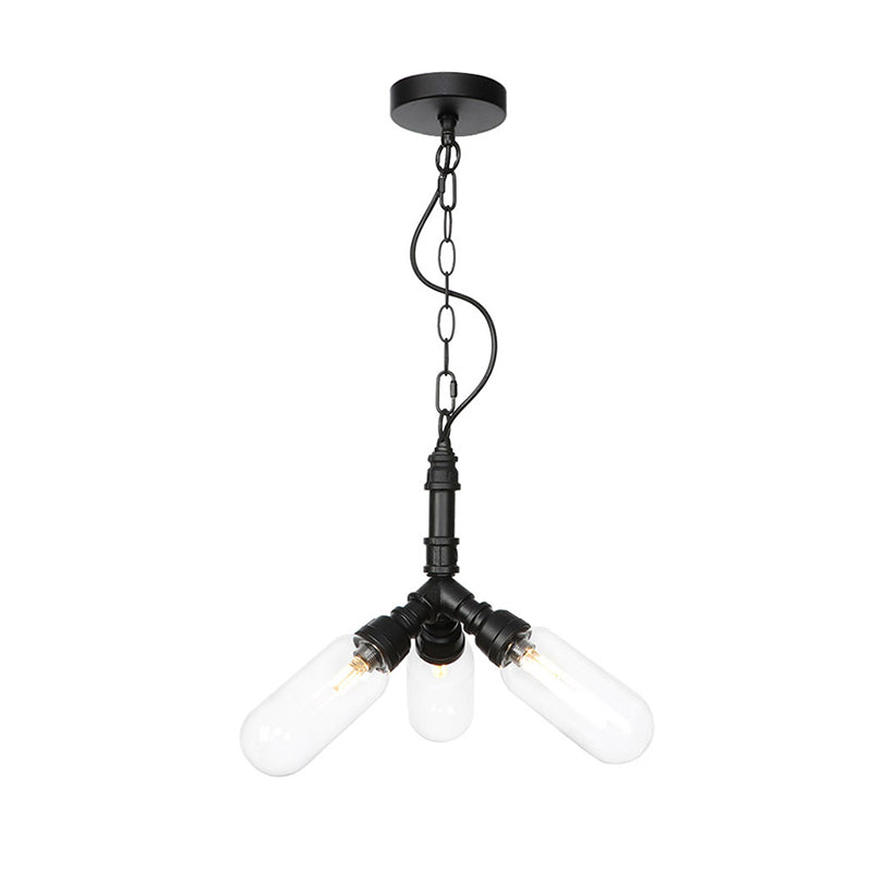 Vintage Water Pipe Chandelier Pendant Light 2/3/4-Light Iron LED Hanging Ceiling Lamp in Black with Capsule Clear Glass Shade 3 Black Clearhalo 'Cast Iron' 'Ceiling Lights' 'Chandeliers' 'Industrial Chandeliers' 'Industrial' 'Metal' 'Middle Century Chandeliers' 'Rustic Chandeliers' 'Tiffany' Lighting' 511064