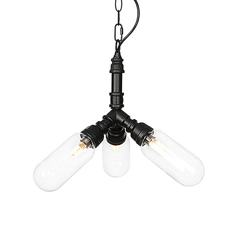 Vintage Water Pipe Chandelier Pendant Light 2/3/4-Light Iron LED Hanging Ceiling Lamp in Black with Capsule Clear Glass Shade Clearhalo 'Cast Iron' 'Ceiling Lights' 'Chandeliers' 'Industrial Chandeliers' 'Industrial' 'Metal' 'Middle Century Chandeliers' 'Rustic Chandeliers' 'Tiffany' Lighting' 511065