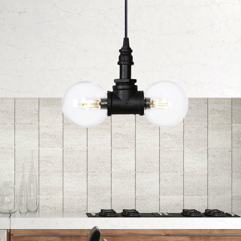 2/3/4-Bulb Globe Pendant Chandelier Industrial Black Clear Glass LED Suspension Light with Pipe Design Clearhalo 'Cast Iron' 'Ceiling Lights' 'Chandeliers' 'Industrial Chandeliers' 'Industrial' 'Metal' 'Middle Century Chandeliers' 'Rustic Chandeliers' 'Tiffany' Lighting' 511097