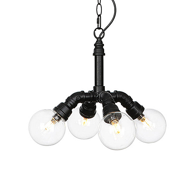 2/3/4-Bulb Globe Pendant Chandelier Industrial Black Clear Glass LED Suspension Light with Pipe Design Clearhalo 'Cast Iron' 'Ceiling Lights' 'Chandeliers' 'Industrial Chandeliers' 'Industrial' 'Metal' 'Middle Century Chandeliers' 'Rustic Chandeliers' 'Tiffany' Lighting' 511108