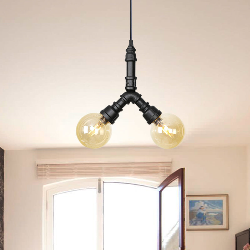 2/3/4-Bulb Chandelier Antiqued Coffee House LED Ceiling Pendant Light with Sphere Amber Glass Shade in Black Black B Clearhalo 'Ceiling Lights' 'Chandeliers' 'Glass shade' 'Glass' 'Industrial Chandeliers' 'Industrial' 'Middle Century Chandeliers' 'Tiffany' Lighting' 511141