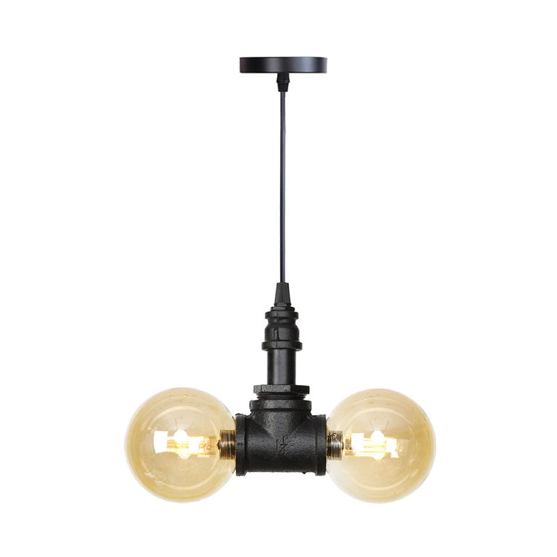 2/3/4-Bulb Chandelier Antiqued Coffee House LED Ceiling Pendant Light with Sphere Amber Glass Shade in Black Black A Clearhalo 'Ceiling Lights' 'Chandeliers' 'Glass shade' 'Glass' 'Industrial Chandeliers' 'Industrial' 'Middle Century Chandeliers' 'Tiffany' Lighting' 511146