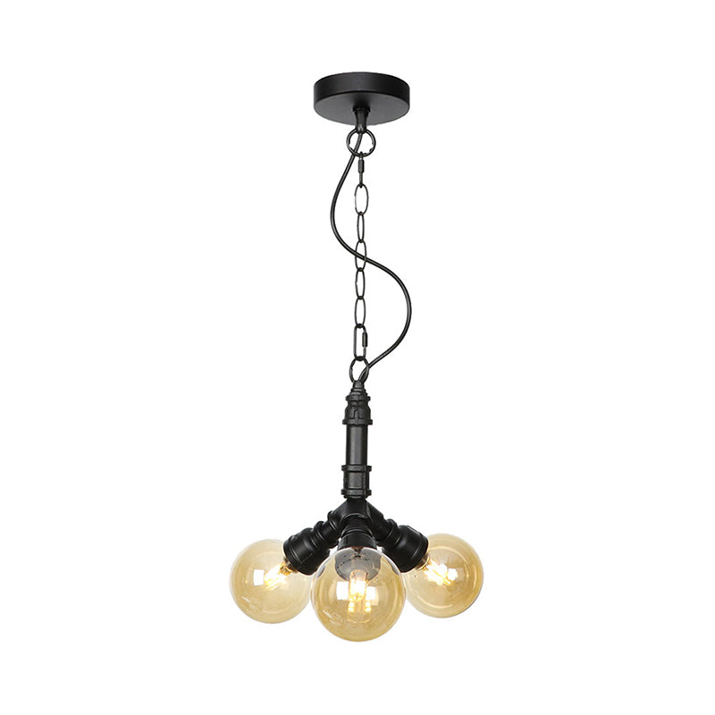 2/3/4-Bulb Chandelier Antiqued Coffee House LED Ceiling Pendant Light with Sphere Amber Glass Shade in Black Black C Clearhalo 'Ceiling Lights' 'Chandeliers' 'Glass shade' 'Glass' 'Industrial Chandeliers' 'Industrial' 'Middle Century Chandeliers' 'Tiffany' Lighting' 511149
