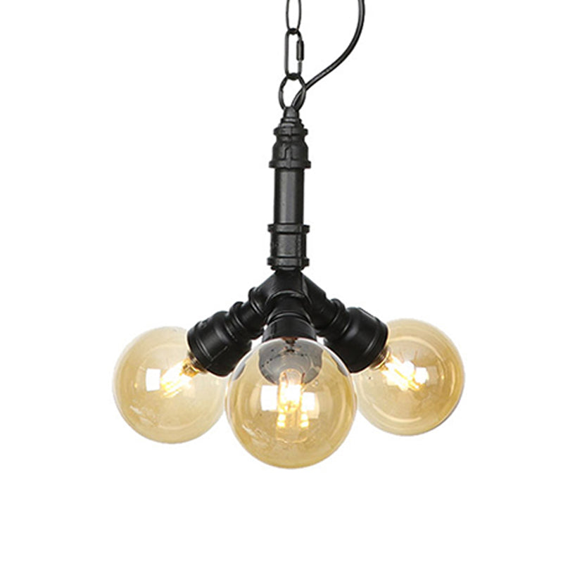 2/3/4-Bulb Chandelier Antiqued Coffee House LED Ceiling Pendant Light with Sphere Amber Glass Shade in Black Clearhalo 'Ceiling Lights' 'Chandeliers' 'Glass shade' 'Glass' 'Industrial Chandeliers' 'Industrial' 'Middle Century Chandeliers' 'Tiffany' Lighting' 511150