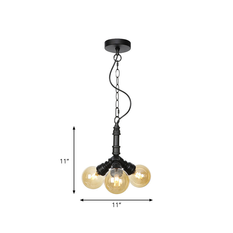 2/3/4-Bulb Chandelier Antiqued Coffee House LED Ceiling Pendant Light with Sphere Amber Glass Shade in Black Clearhalo 'Ceiling Lights' 'Chandeliers' 'Glass shade' 'Glass' 'Industrial Chandeliers' 'Industrial' 'Middle Century Chandeliers' 'Tiffany' Lighting' 511151
