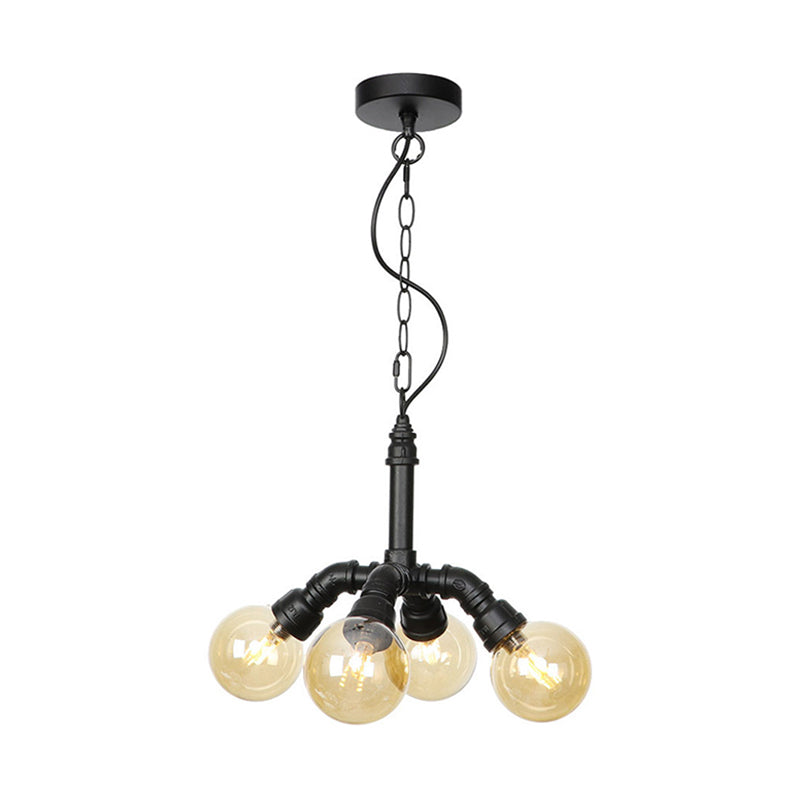 2/3/4-Bulb Chandelier Antiqued Coffee House LED Ceiling Pendant Light with Sphere Amber Glass Shade in Black Black D Clearhalo 'Ceiling Lights' 'Chandeliers' 'Glass shade' 'Glass' 'Industrial Chandeliers' 'Industrial' 'Middle Century Chandeliers' 'Tiffany' Lighting' 511152