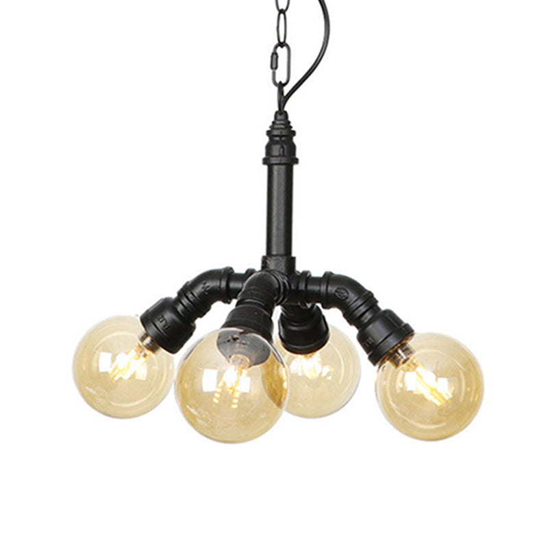 2/3/4-Bulb Chandelier Antiqued Coffee House LED Ceiling Pendant Light with Sphere Amber Glass Shade in Black Clearhalo 'Ceiling Lights' 'Chandeliers' 'Glass shade' 'Glass' 'Industrial Chandeliers' 'Industrial' 'Middle Century Chandeliers' 'Tiffany' Lighting' 511153