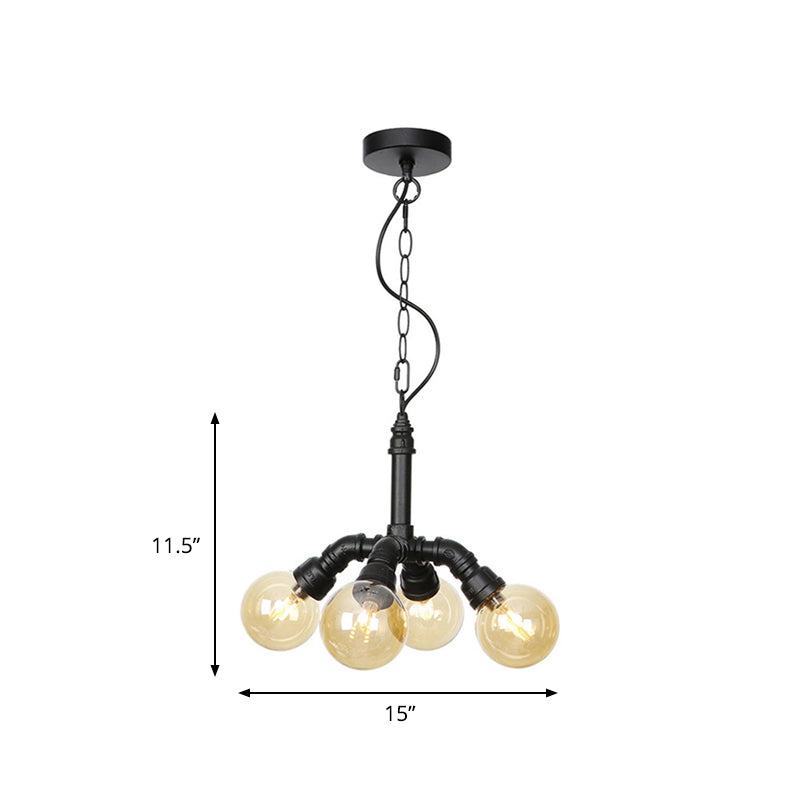 2/3/4-Bulb Chandelier Antiqued Coffee House LED Ceiling Pendant Light with Sphere Amber Glass Shade in Black Clearhalo 'Ceiling Lights' 'Chandeliers' 'Glass shade' 'Glass' 'Industrial Chandeliers' 'Industrial' 'Middle Century Chandeliers' 'Tiffany' Lighting' 511154