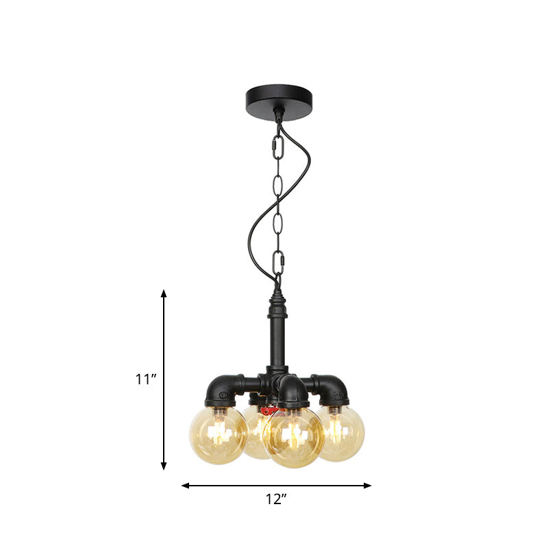 Ball Amber Glass Pendant Light Industrial 3/4 Lights Restaurant LED Ceiling Chandelier in Black with Pipe Arm Clearhalo 'Ceiling Lights' 'Chandeliers' 'Glass shade' 'Glass' 'Industrial Chandeliers' 'Industrial' 'Middle Century Chandeliers' 'Pendant Lights' 'Tiffany' Lighting' 511162