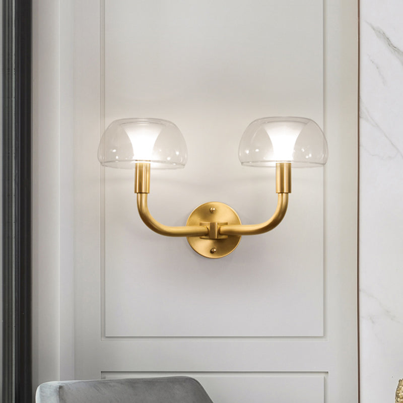 1/2 Bulbs Bowl Sconce Light Traditional Brass Metal Wall Mount Lamp with Clear Glass Shade for Bedroom 2.0 Brass Clearhalo 'Wall Lamps & Sconces' 'Wall Lights' Lighting' 511271