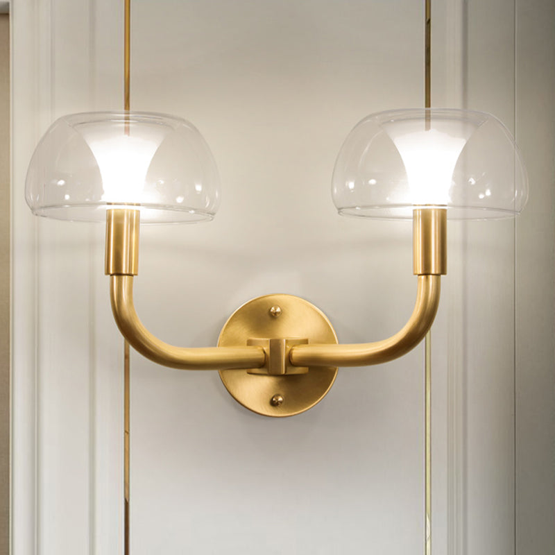 1/2 Bulbs Bowl Sconce Light Traditional Brass Metal Wall Mount Lamp with Clear Glass Shade for Bedroom Clearhalo 'Wall Lamps & Sconces' 'Wall Lights' Lighting' 511272