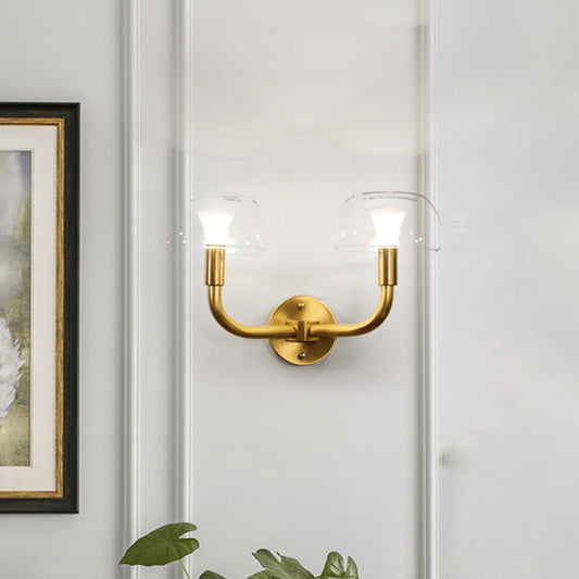 1/2 Bulbs Bowl Sconce Light Traditional Brass Metal Wall Mount Lamp with Clear Glass Shade for Bedroom Clearhalo 'Wall Lamps & Sconces' 'Wall Lights' Lighting' 511273