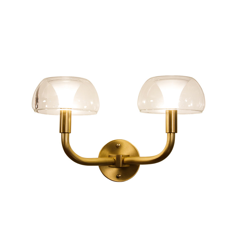 1/2 Bulbs Bowl Sconce Light Traditional Brass Metal Wall Mount Lamp with Clear Glass Shade for Bedroom Clearhalo 'Wall Lamps & Sconces' 'Wall Lights' Lighting' 511274