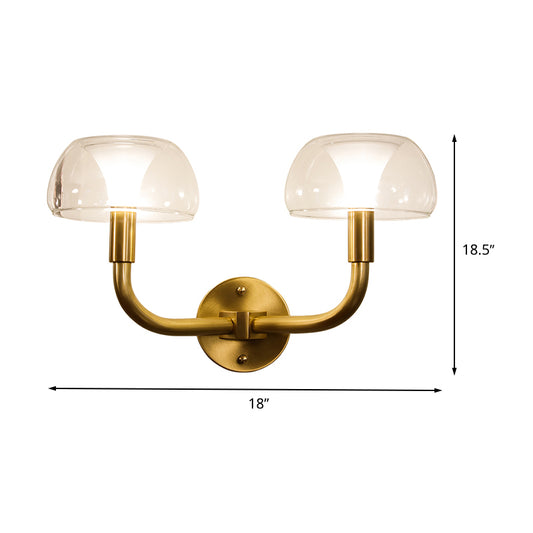 1/2 Bulbs Bowl Sconce Light Traditional Brass Metal Wall Mount Lamp with Clear Glass Shade for Bedroom Clearhalo 'Wall Lamps & Sconces' 'Wall Lights' Lighting' 511275