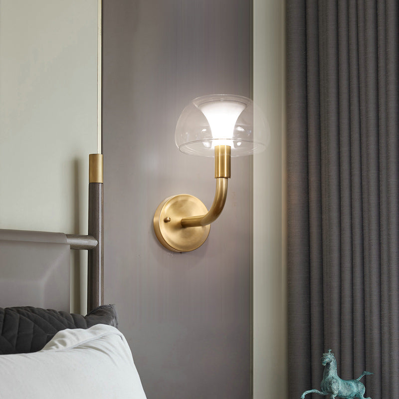 1/2 Bulbs Bowl Sconce Light Traditional Brass Metal Wall Mount Lamp with Clear Glass Shade for Bedroom Clearhalo 'Wall Lamps & Sconces' 'Wall Lights' Lighting' 511277