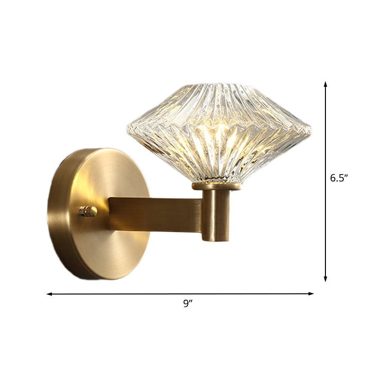 6"/9" W Gold Diamond Wall Mount Light Fixture Vintage Clear Prismatic Glass 1 Head Living Room Wall Sconce Lighting Clearhalo 'Wall Lamps & Sconces' 'Wall Lights' Lighting' 511385