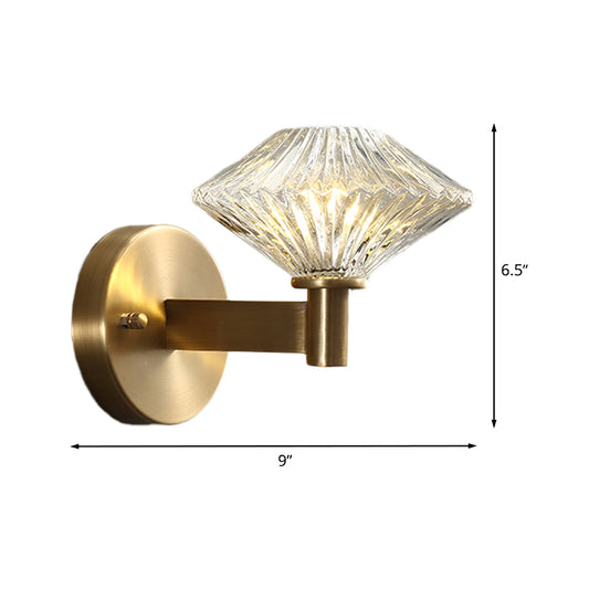 6"/9" W Gold Diamond Wall Mount Light Fixture Vintage Clear Prismatic Glass 1 Head Living Room Wall Sconce Lighting Clearhalo 'Wall Lamps & Sconces' 'Wall Lights' Lighting' 511385