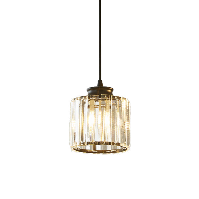 Black Drum Pendant Light Modernist 1 Head Clear Crystal Ceiling Hang Fixture for Living Room Clearhalo 'Ceiling Lights' 'Glass shade' 'Glass' 'Modern Pendants' 'Modern' 'Pendant Lights' 'Pendants' Lighting' 512216