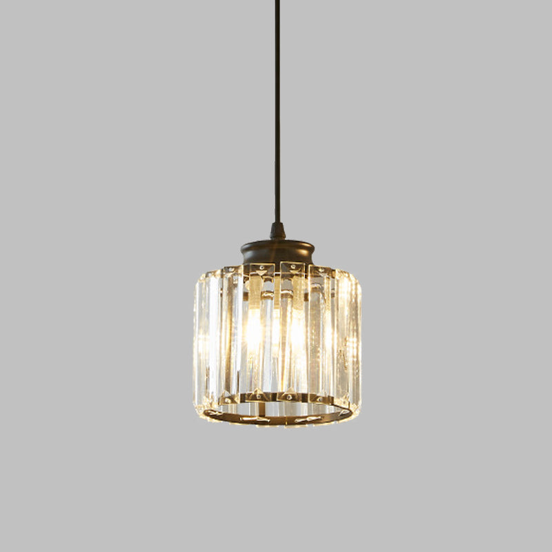 Black Drum Pendant Light Modernist 1 Head Clear Crystal Ceiling Hang Fixture for Living Room Clearhalo 'Ceiling Lights' 'Glass shade' 'Glass' 'Modern Pendants' 'Modern' 'Pendant Lights' 'Pendants' Lighting' 512217