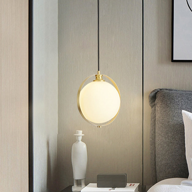 Global Suspended Pendant Light Simple White Frosted Glass 1 Bulb Bedside Hanging Ceiling Lamp with Brass Ring White Clearhalo 'Ceiling Lights' 'Glass shade' 'Glass' 'Modern Pendants' 'Modern' 'Pendant Lights' 'Pendants' Lighting' 512235