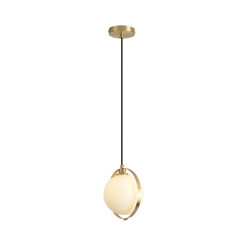 Global Suspended Pendant Light Simple White Frosted Glass 1 Bulb Bedside Hanging Ceiling Lamp with Brass Ring Clearhalo 'Ceiling Lights' 'Glass shade' 'Glass' 'Modern Pendants' 'Modern' 'Pendant Lights' 'Pendants' Lighting' 512238