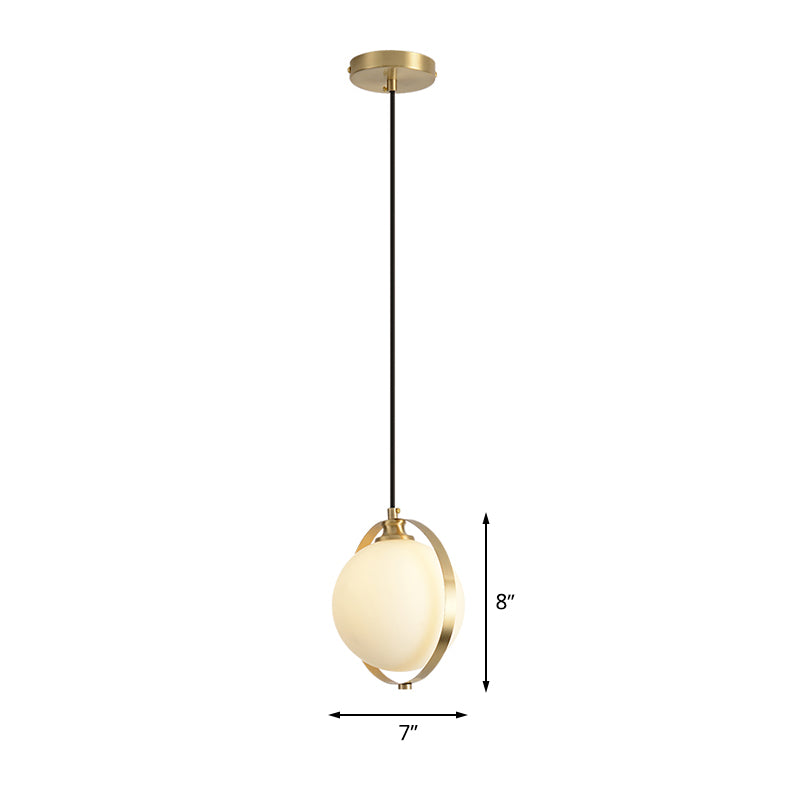 Global Suspended Pendant Light Simple White Frosted Glass 1 Bulb Bedside Hanging Ceiling Lamp with Brass Ring Clearhalo 'Ceiling Lights' 'Glass shade' 'Glass' 'Modern Pendants' 'Modern' 'Pendant Lights' 'Pendants' Lighting' 512239