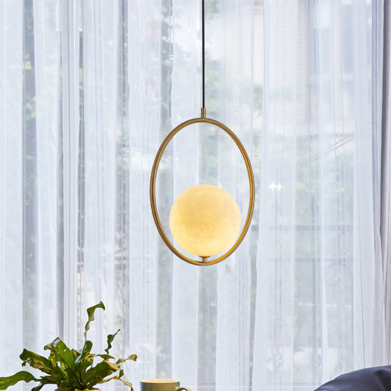 Globe Pendant Lighting Contemporary Frosted White Glass 1 Head Gold Ceiling Lamp with Metal Ring Gold Clearhalo 'Ceiling Lights' 'Glass shade' 'Glass' 'Modern Pendants' 'Modern' 'Pendant Lights' 'Pendants' Lighting' 512255