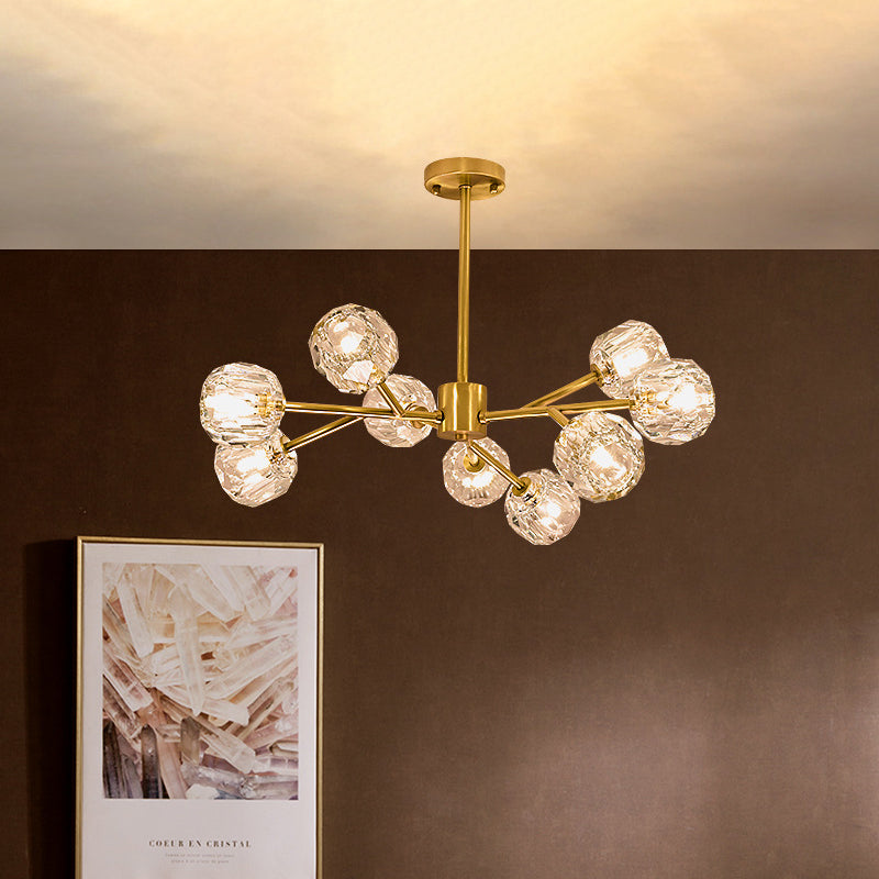 Crystal Global Hanging Chandelier Modernism 9-Light Brass Branch Ceiling Pendant Lamp Brass Clearhalo 'Ceiling Lights' 'Chandeliers' 'Glass shade' 'Glass' 'Modern Chandeliers' 'Modern' Lighting' 512312