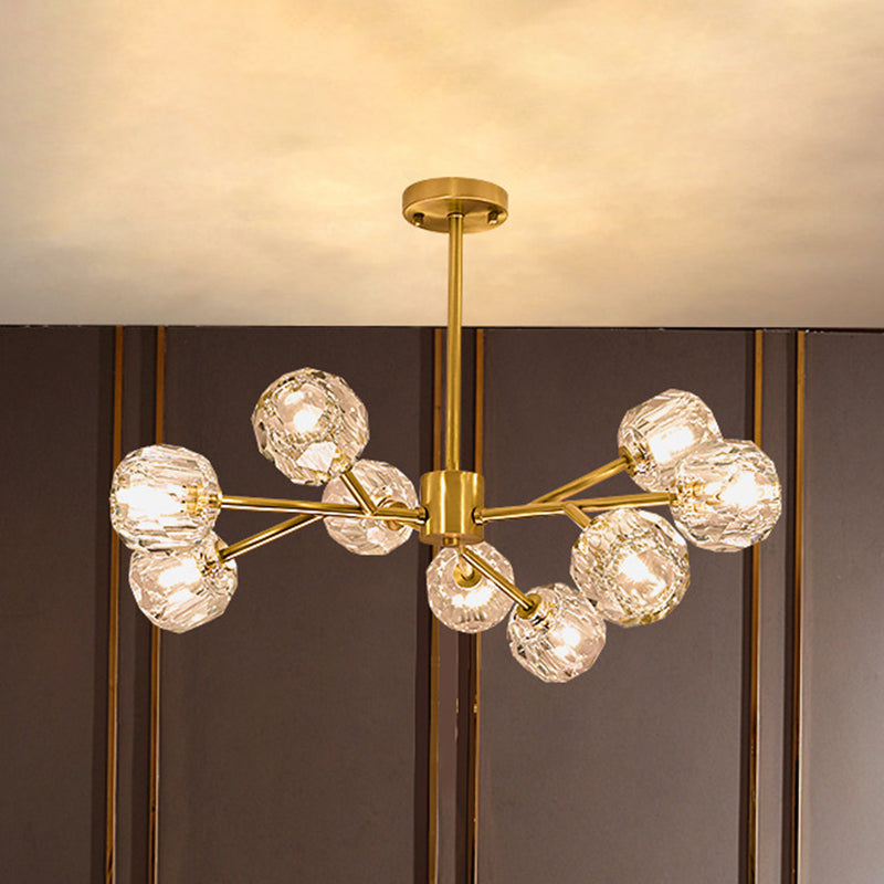 Crystal Global Hanging Chandelier Modernism 9-Light Brass Branch Ceiling Pendant Lamp Clearhalo 'Ceiling Lights' 'Chandeliers' 'Glass shade' 'Glass' 'Modern Chandeliers' 'Modern' Lighting' 512313