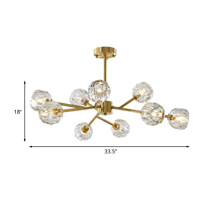 Crystal Global Hanging Chandelier Modernism 9-Light Brass Branch Ceiling Pendant Lamp Clearhalo 'Ceiling Lights' 'Chandeliers' 'Glass shade' 'Glass' 'Modern Chandeliers' 'Modern' Lighting' 512316