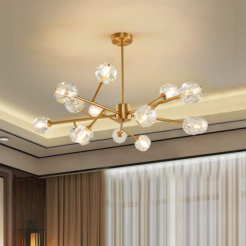 15-Bulb Living Room Suspension Light Modernist Gold Finish Ceiling Chandelier with Round Crystal Shade Gold Clearhalo 'Ceiling Lights' 'Chandeliers' 'Glass shade' 'Glass' 'Modern Chandeliers' 'Modern' Lighting' 512317