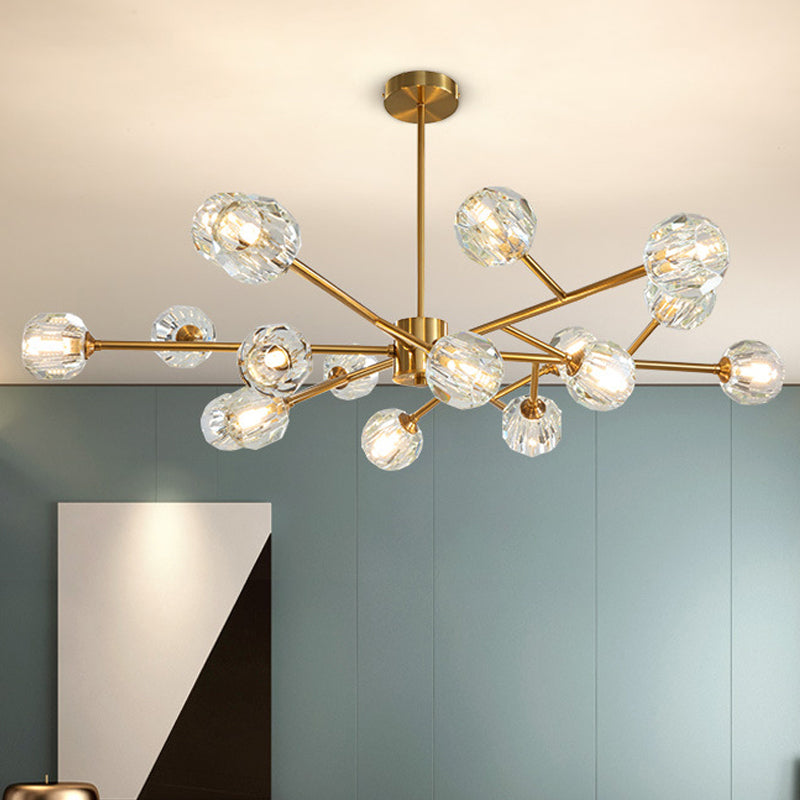 15-Bulb Living Room Suspension Light Modernist Gold Finish Ceiling Chandelier with Round Crystal Shade Clearhalo 'Ceiling Lights' 'Chandeliers' 'Glass shade' 'Glass' 'Modern Chandeliers' 'Modern' Lighting' 512318