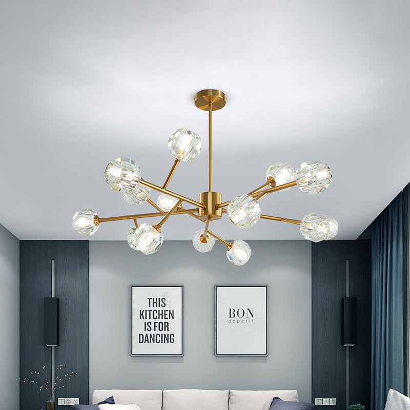 15-Bulb Living Room Suspension Light Modernist Gold Finish Ceiling Chandelier with Round Crystal Shade Clearhalo 'Ceiling Lights' 'Chandeliers' 'Glass shade' 'Glass' 'Modern Chandeliers' 'Modern' Lighting' 512319