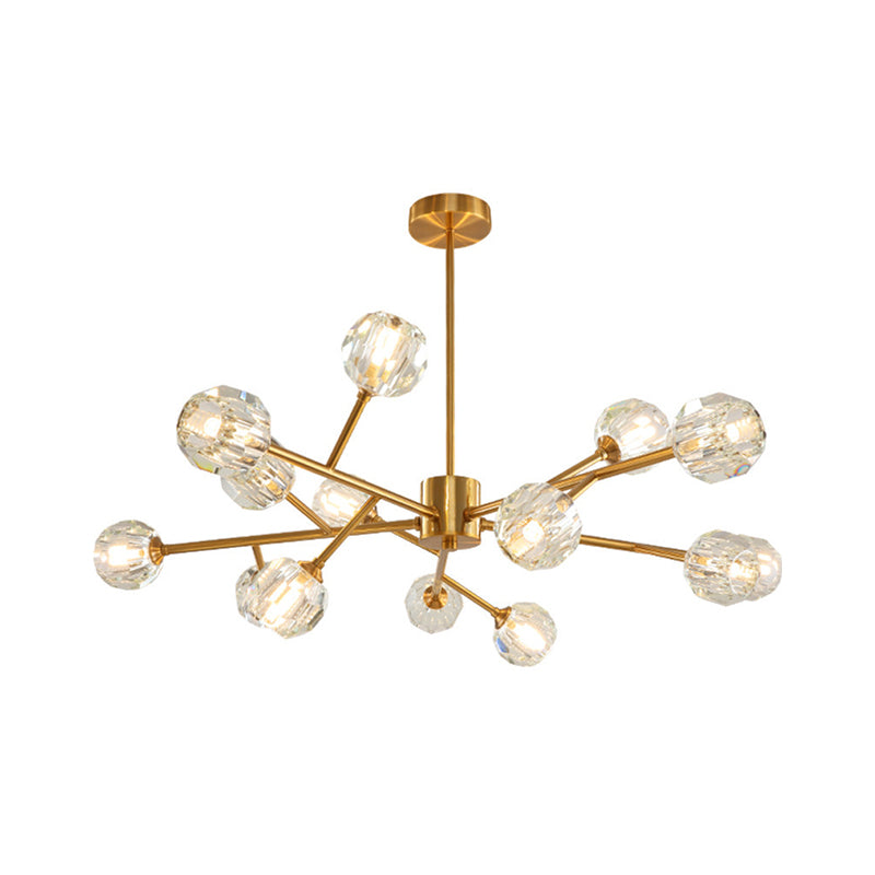 15-Bulb Living Room Suspension Light Modernist Gold Finish Ceiling Chandelier with Round Crystal Shade Clearhalo 'Ceiling Lights' 'Chandeliers' 'Glass shade' 'Glass' 'Modern Chandeliers' 'Modern' Lighting' 512320