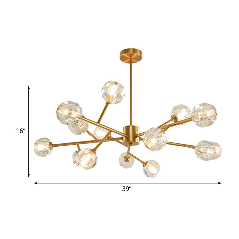 15-Bulb Living Room Suspension Light Modernist Gold Finish Ceiling Chandelier with Round Crystal Shade Clearhalo 'Ceiling Lights' 'Chandeliers' 'Glass shade' 'Glass' 'Modern Chandeliers' 'Modern' Lighting' 512321