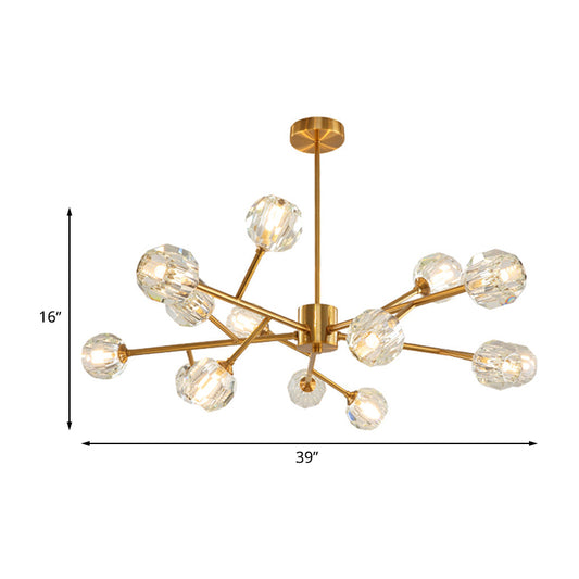 15-Bulb Living Room Suspension Light Modernist Gold Finish Ceiling Chandelier with Round Crystal Shade Clearhalo 'Ceiling Lights' 'Chandeliers' 'Glass shade' 'Glass' 'Modern Chandeliers' 'Modern' Lighting' 512321