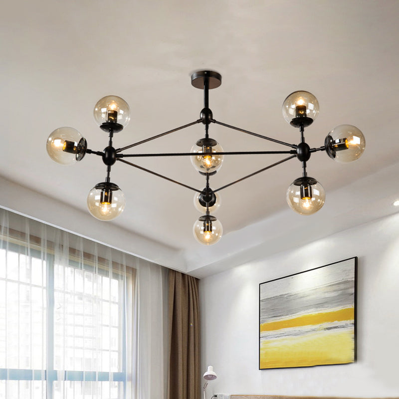 Black Triangle Frame Chandelier Modern 10 Heads Metal Pendant Light Fixture with Globe Cognac Glass Shade Black Clearhalo 'Ceiling Lights' 'Chandeliers' 'Glass shade' 'Glass' 'Modern Chandeliers' 'Modern' Lighting' 512322