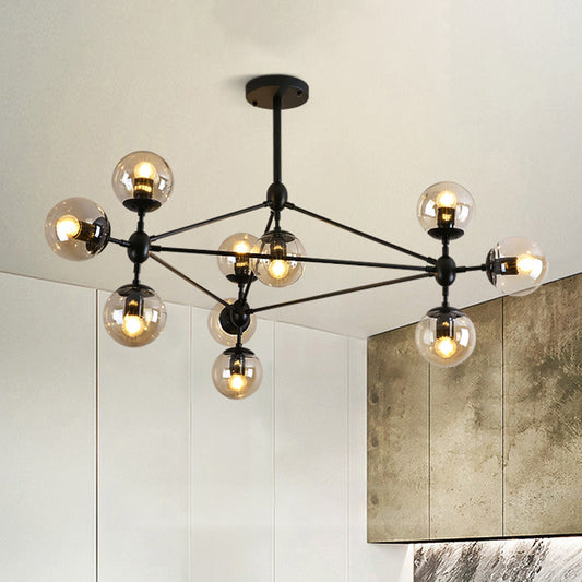 Black Triangle Frame Chandelier Modern 10 Heads Metal Pendant Light Fixture with Globe Cognac Glass Shade Clearhalo 'Ceiling Lights' 'Chandeliers' 'Glass shade' 'Glass' 'Modern Chandeliers' 'Modern' Lighting' 512323