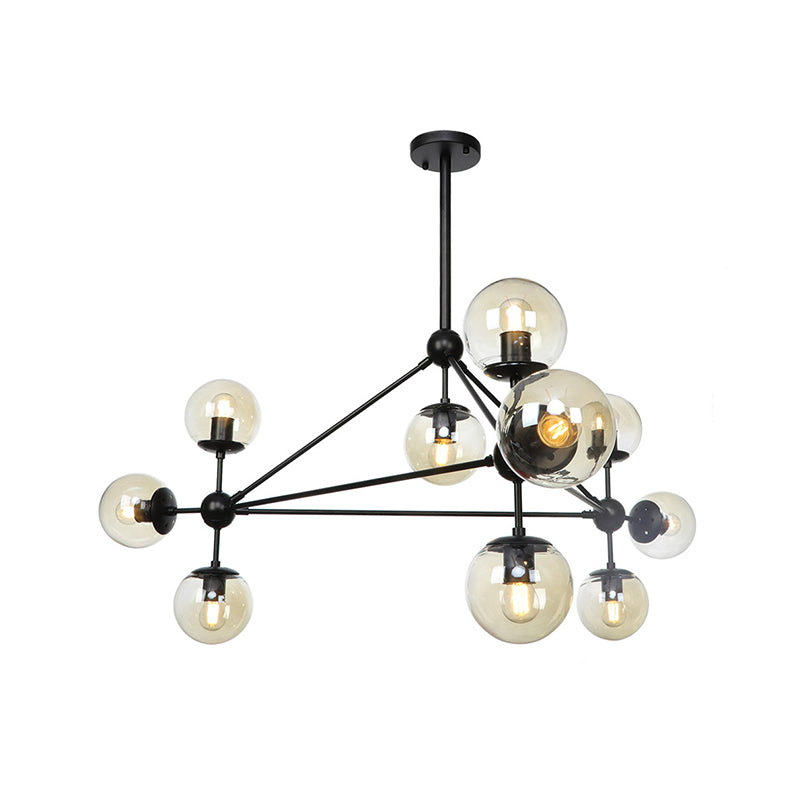 Black Triangle Frame Chandelier Modern 10 Heads Metal Pendant Light Fixture with Globe Cognac Glass Shade Clearhalo 'Ceiling Lights' 'Chandeliers' 'Glass shade' 'Glass' 'Modern Chandeliers' 'Modern' Lighting' 512325