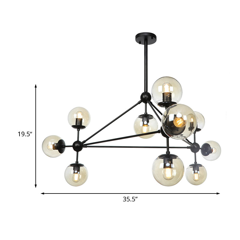 Black Triangle Frame Chandelier Modern 10 Heads Metal Pendant Light Fixture with Globe Cognac Glass Shade Clearhalo 'Ceiling Lights' 'Chandeliers' 'Glass shade' 'Glass' 'Modern Chandeliers' 'Modern' Lighting' 512326